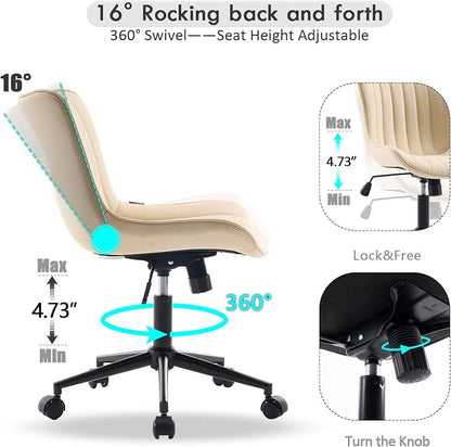 YOUNIKE Ergonomic Home Office Desk Chair with Wheels Comfy Armless Vanity Chair with Adjustable Back Modern Leather Upholstered Swivel Computer Chair Small Cute Rolling Task Chair for Women Beige