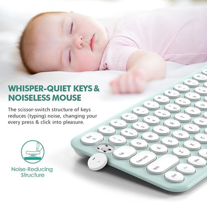 Wireless Keyboard and Mouse Combo,XTREMTEC 2.4GHz Quiet Slim Cute Round Keycap Compact Size Green Kawaii Cordless Retro Keyboard and Mouse Set Home Office Accessories for Mac/Windows(Macaron Green A)