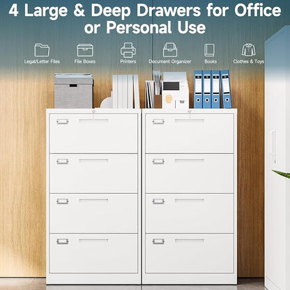 MIIIKO 4 Drawer Lateral File Cabinet with Lock, Black Lateral Filing Cabinets, Metal Storage File Cabinets for Letter/Legal/F4/A4 Size