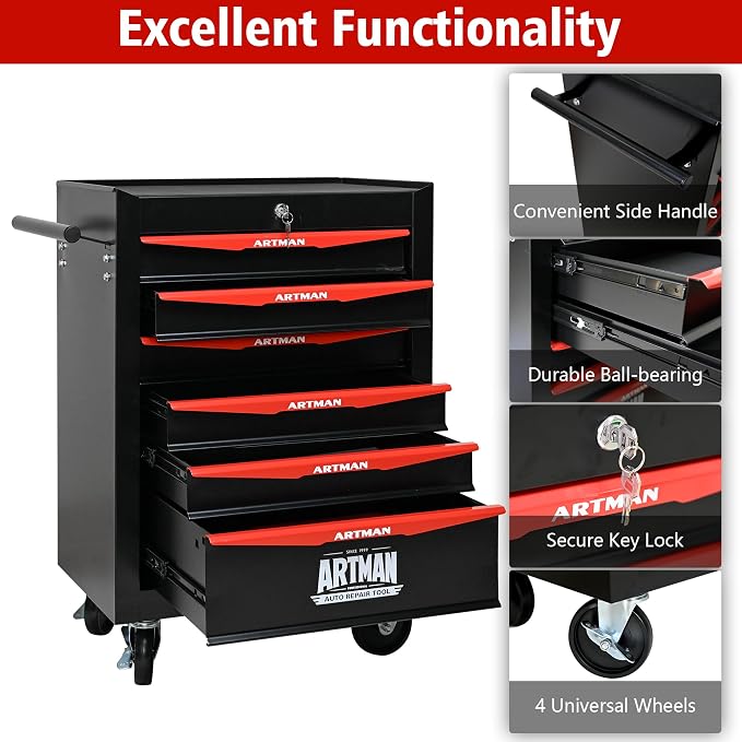 RYH 6 Drawers Rolling Tool Chest - Heavy Duty Mobile Tool Cart with Locking Wheels & Ball Bearing Drawers，30.5" H x 20.9" W x 13" D, Garage Tool Storage Cabinet (Black, 6 Drawers)