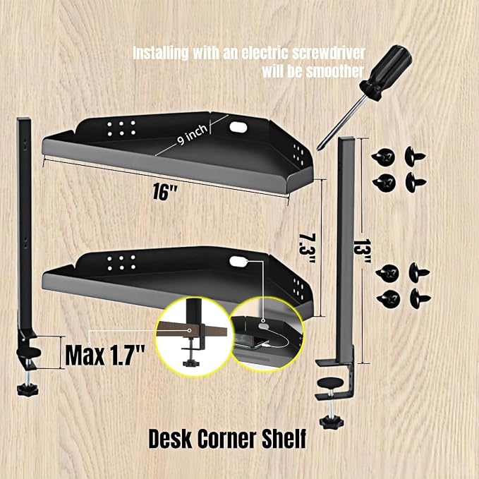 CanKing Corner Desk Clamp Shelf 16 Inch 2 Tier Adjustable Storage Rack | Sturdy metal organizer saves space, fits securely on or under corner of table for office, gaming & cubicle
