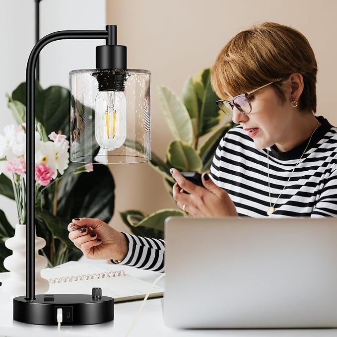 Set of 2 Industrial Table Lamps with USB C+A Ports and Outlet, Fully Stepless Dimmable Bedside Lamps for Bedrooms, Nightstand Lamp with Seed Glass Shade for Reading Living Room Office (Bulbs Included)