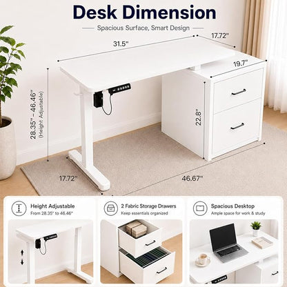 NORTHSKY Small Electric Standing Desk with Drawers, 32 x 18 Inches Sit Stand Desk with Storage, Height Adjustable Small Computer Desk, 3 Memory Preset, 1 Hook, Cable Management, White