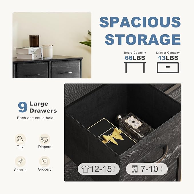 DUMOS 9 Drawer Dresser for Bedroom, Fabric Storage Organizer with Sturdy Metal Frame, Wooden Top Chest of Drawers for Closet Entryway Guest Room,Black Wood