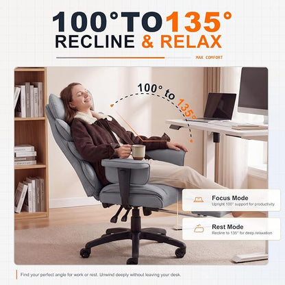 Dowinx Big and Tall Office Chair with Pocket Spring Cushion,High Back Computer Gaming Chairs with Adjustable Armrests and Lumbar Support,Executive Desk Chairs with Footrest(PU Leather,Grey)