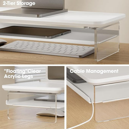 Fenge Acrylic Monitor Stand Riser, 23.6 Inches Monitor Stand with Metal Storage, 2 Tier Acrylic Computer Riser for Desk, Clear Laptop Stand for PC, Laptop, Printer, TV, White