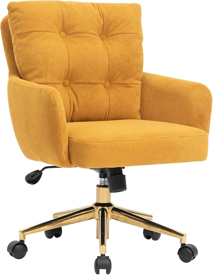 Flannel Office Chair, Comfy Home Office Desk Chairs with Lumbar Support, Modern Velvet Desk Chair Gold Legs Small Swivel Task Chair for Home Office, Bedroom, Study (Yellow, XL)
