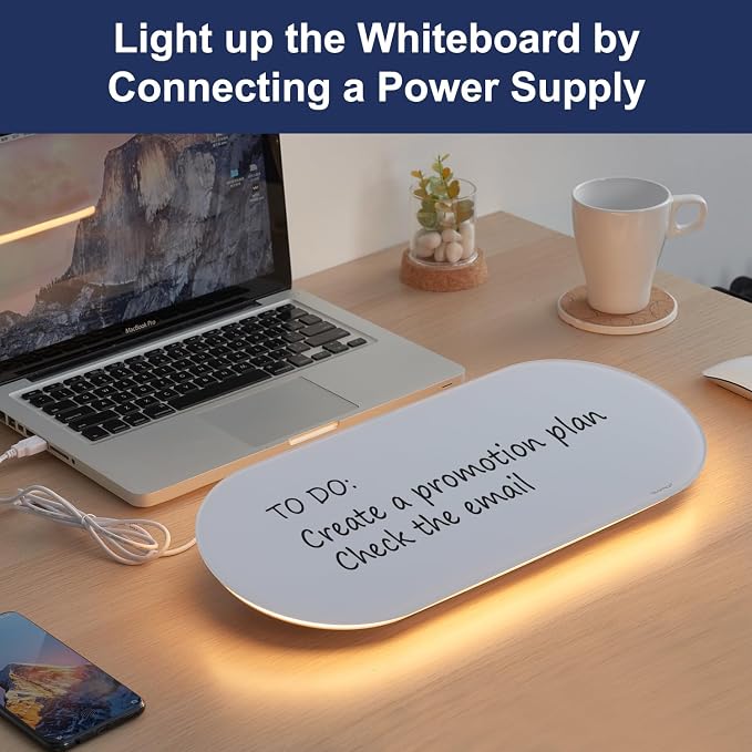 TSJ OFFICE Glass Desktop Whiteboard - 17 X 7 Inches Small Dry Erase Board with Warm White Light, Glass White Board Surface Notepad with 1 Drawer, Desk Organizers for Office, Home, School Supplies