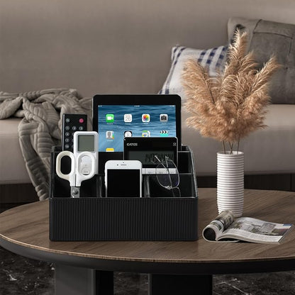 Desk Organizer Caddy with 5 Compartments for Office Art Supplies, PU Leather Nightstand Organizer Pencil Pen Desk Caddy for Home, Desktop TV Remote Control Holder Storage (Striped Black)