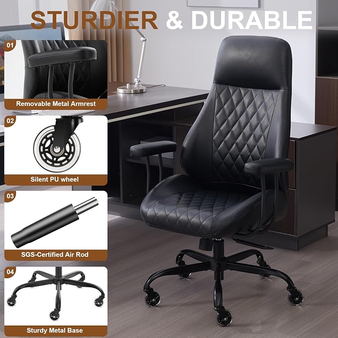 Office Chair with Rubber Wheels, Ergonomic Computer Chair 500 lbs, Leather Desk Chair with Lumbar Support, Executive Chair Adjustable Height & Recline, Black | Ergonomic, Lumbar Support, 360° Swivel & Rolling Wheels, Adjustable Height, for Adults & Women
