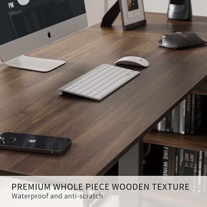 FEZIBO 66 Inch L Shaped Standing Desk with Drawers & Shelves, Executive Table Adjustable Height, Black Walnut Top/Black Frame