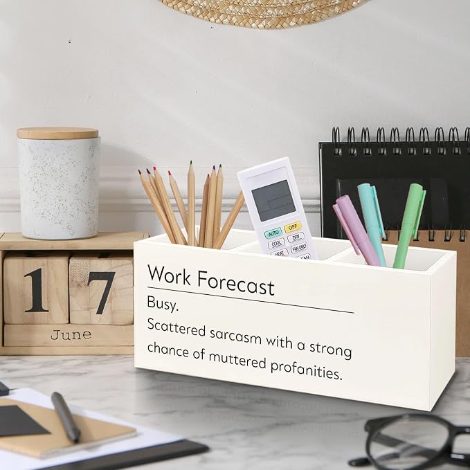 Work Forecast Wooden Pen Pencil Holder for Desk, Sarcastic Gifts for Women Men Coworkers, Funny Sarcastic Wood Makeup Brush Toothbrush Holder Organizer for Office Workplace Company
