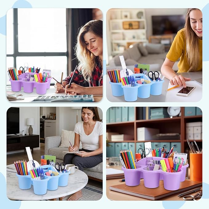 12 Pcs Classroom Caddy Bulk - Plastic 6 Compartments Table Storage Caddy with Handle for School Pencil, Crafts Marker, Crayon Art, Drink Cup Delivery (Macaron Colors)