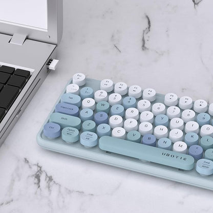 UBOTIE Dual Mode Colorful Wireless Keyboard, Bluetooth and USB Receiver Retro Typewriter Round Keycaps Keyboard Support Multi Devices for PC Laptop Tablet Phones(Blue Colorful)