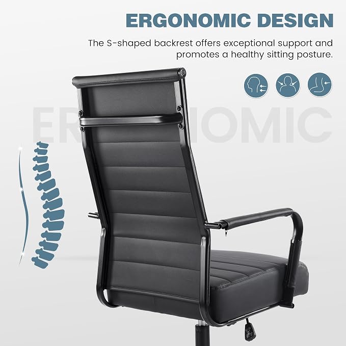 Office Desk Chair, Modern Leather Conference Room Chairs with High Back,Wheels and Arms, Ergonomic Executive Ribbed Height Adjustable Swivel Chair for Home Office (Black Frame)