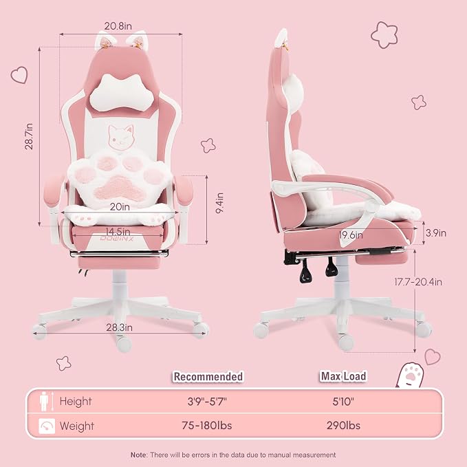 Dowinx Pink Gaming Chair with Cat Ears and Massage Lumbar Support, Ergonomic Computer Chair with Footrest and Headrest, Comfortable Reclining Game Chair 290lbs for Adults, Pink