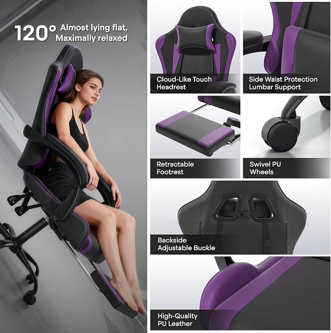 Athena Collection Gaming Chair, Ergonomic Gaming Chair with Footrest & Headrest Lumbar Support, Height Adjustable Swivel Computer Chair Office Chair for Adults(Purple)