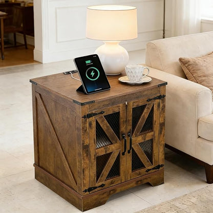 Farmhouse End Table Set with Charging Station Set of 2, Living Room Tables with Hidden Storage, Wood Square Sofa Bedside Tables, Night Stand with Power Outlet and Door, Brown