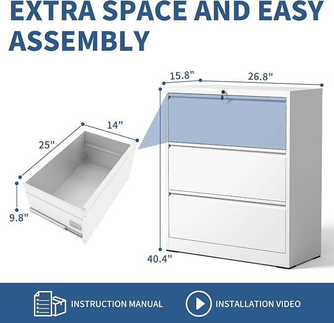 3 Drawer File Cabinet with Lock, White Metal Lateral Filing Cabinets for Home Office, Heavy Duty Steel Horizontal Locking Storage Cabinet for Legal/Letter/A4 Size File, Assembly Required