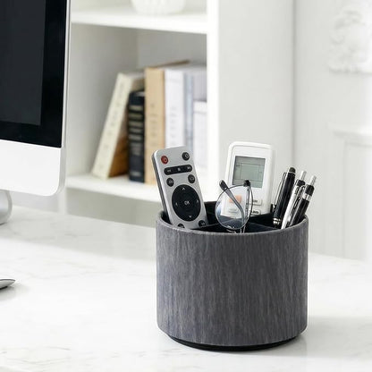 Round Leather Art Supply Organizer,Remote Control Holder,360 Degree Spinning,Multi-Functional Pencil Holder,4 Compartments Desktop Stationary Organizer(1-Thin Wood Black)
