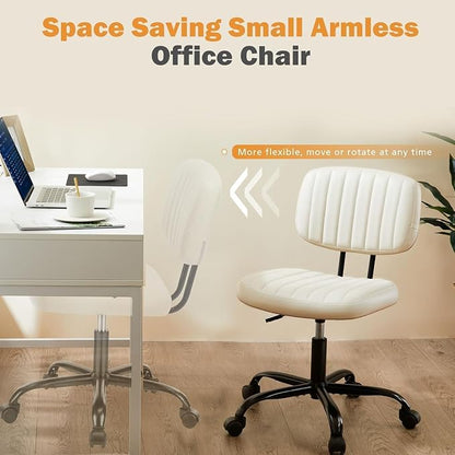 Simple Deluxe Small Desk Chair, Armless Office Chair with Wheels, PU Leather Comfy Computer Task Swivel Vanity Rolling Chairs No Arms for Small Space, Home Office, Beige White