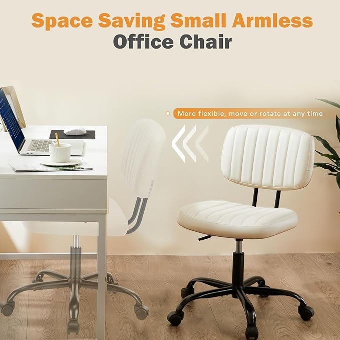 YSSOA Small Desk Chair with Wheels, Armless Office Chair No Arms, Comfy PU Leather Computer Task Chair Swivel Rolling Chairs for Small Space, Home, Adults, Students, Beige White