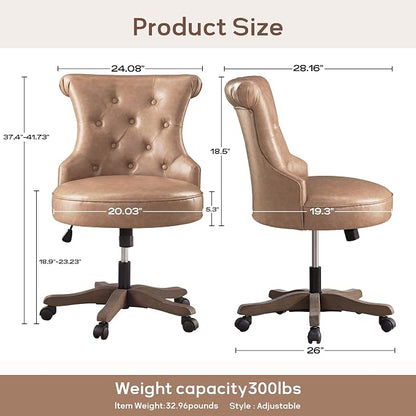HUIMO Home Office Chair Upholstered Faux Leather PU Armless Desk Chair with Wheels Adjustable Height Computer Desk Chair with Wooden Legs Comfortable Swivel Chair for Study Studio (Light Brown)
