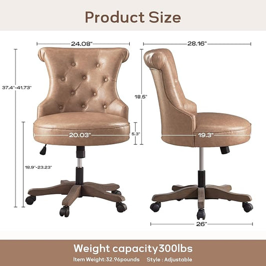 HUIMO Home Office Chair Upholstered Faux Leather PU Armless Desk Chair with Wheels Adjustable Height Computer Desk Chair with Wooden Legs Comfortable Swivel Chair for Study Studio (Light Brown)