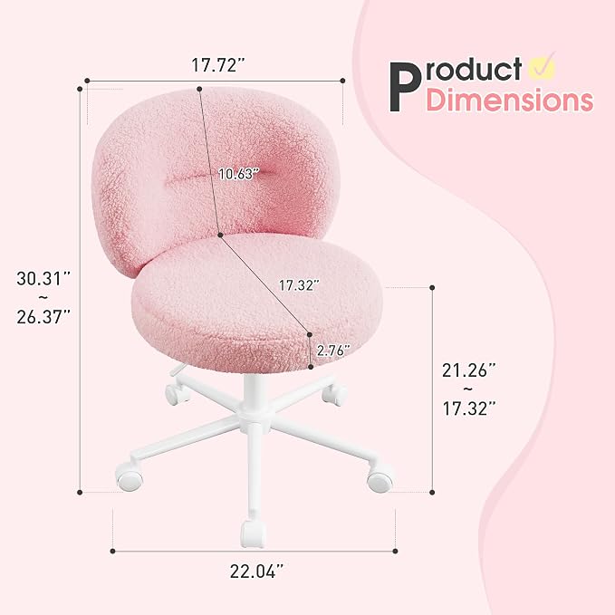 Homkdom Plush Vanity Chair with Wheels, Soft Comfy Makeup Chair with Rounded Back, Height Adjustable, 360° Swivel for Bedroom & Beauty Spaces