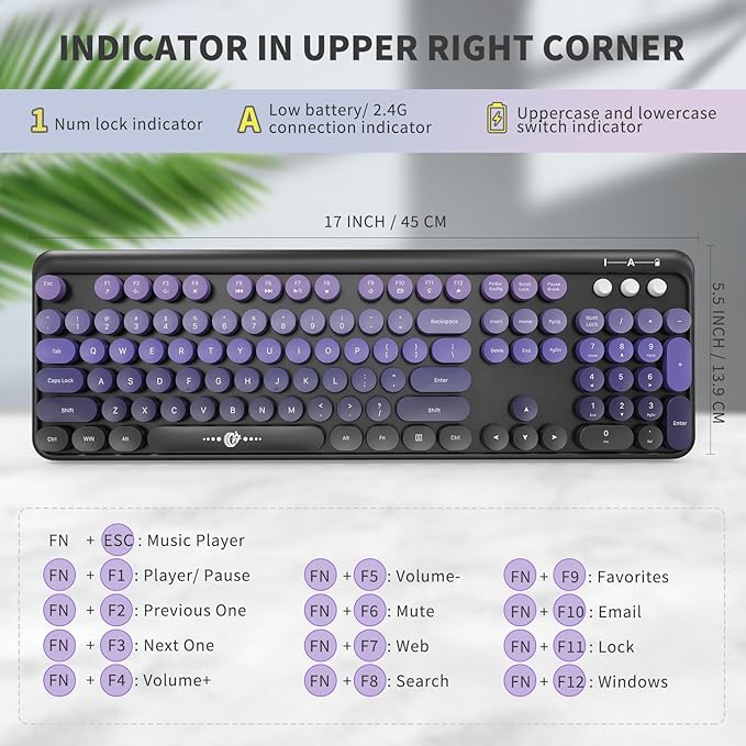 Wireless Keyboard and Mouse Combo - Cute Colorful Keyboard and Mouse, Retro Typewriter Keyboard with 2.4GHz Plug & Play, for Windows 11/10/7, Laptop, PC (Purple Wireless Keyboard and Mouse)