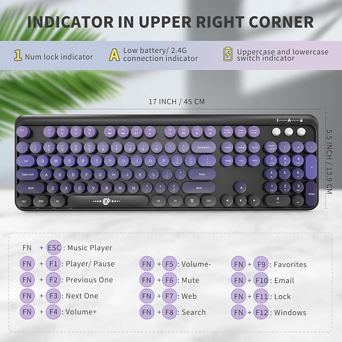Purple Wireless Keyboard and Mouse Combo, Retro Round Key Typewriter Style Keyboard, Cute Full Size Aesthetic Bubble Keyboard with Number Pad for PC Laptop Desktop Computer