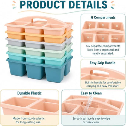 6 Pack Assorted Colors 6 Compartment Classroom Caddy with Handle Portable Plastic Storage Classroom Caddies Organizer for Classrooms Supply Teacher Office Table Desk(Boho)