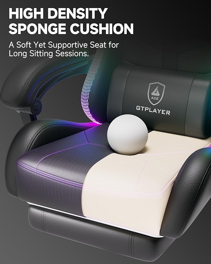 GTPLAYER RGB Gaming Chair with Footrest, Computer Gaming Chair with LED Lights for Adults, Height Adjustable PC Gamer Chair with 90-155° Recline & Removable Headrest Lumbar Support, RGB Black