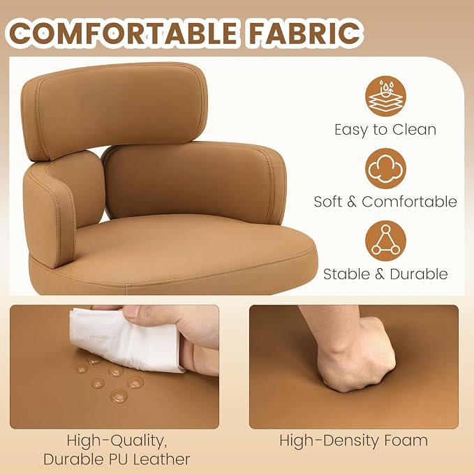 Leather Home Office Chair with Unique Curved Back, Wide Seat Computer Desk Chair with Wheels,Swivel Tilt & Height Adjustable,Matel Base for Home Office, PU Brown