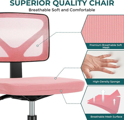 DUMOS Small Office Chair Armless, Ergonomic Adjustable Home Office Swivel Rolling Task Chair No Arms, Comfy Mesh Mid Back Computer Work Vanity Desk Chiars with Wheels for Small Spaces, Hot Pink