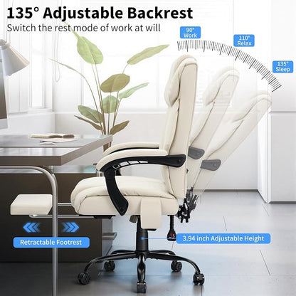 HOFFREE 400lbs Massage Office Chair with Foot Rest 6 Points Vibration Ergonomic Executive Office Chair Reclining High Back Computer Desk Chairs Beige