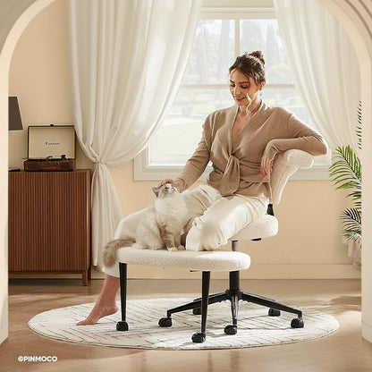 Pinmoco Ergonomic Cross Legged Office Chair Extra Wide for ADHD and Meditation, Kneeling Chair with 360° Swivel Wheels and Reversible Seating, Adjustable Height and Seat Depth, Teddy Fabric, White