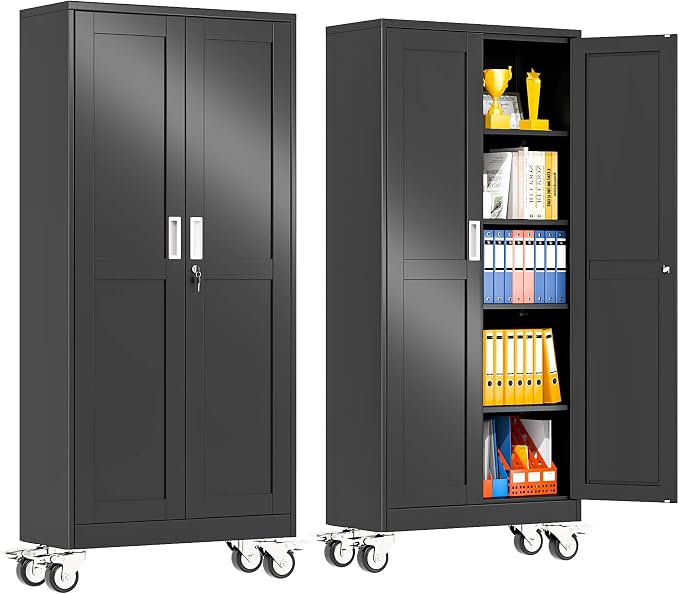 pozdeg 71" Metal Garage Storage Cabinets with Wheels, Lockable Rolling File Cabinets with 2 Doors and 4 Adjustable Shelves, Steel Tool Organizer Locker for Office Home Garage Gym School, Black