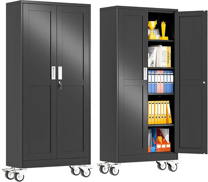 pozdeg 71" Metal Garage Storage Cabinets with Wheels, Lockable Rolling File Cabinets with 2 Doors and 4 Adjustable Shelves, Steel Tool Organizer Locker for Office Home Garage Gym School, Black