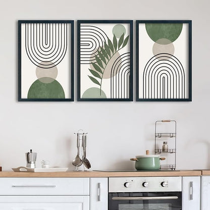 SRSZHIYUE Green Sage Boho Wall Art 16"×11" Set of 3 Abstract Framed Prints Modern Farmhouse Minimalist Geometric Line Leaf Bathroom Sign for Family Living Room Pictures Office Wall Hang Decor (Black)