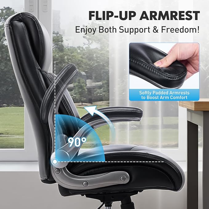 Ergonomic PU Leather 400lbs Executive Office Chairs Set of 2, High-Back Home Computer Chair with Lumbar Support, Flip-Up Arms, Black
