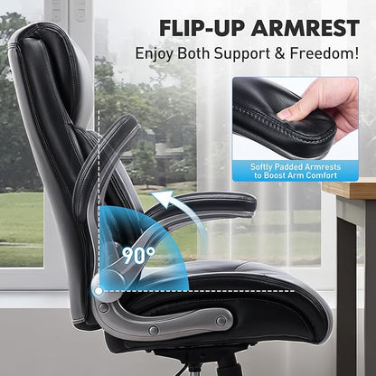 Ergonomic PU Leather 400lbs Executive Office Chairs Set of 2, High-Back Home Computer Chair with Lumbar Support, Flip-Up Arms, Black