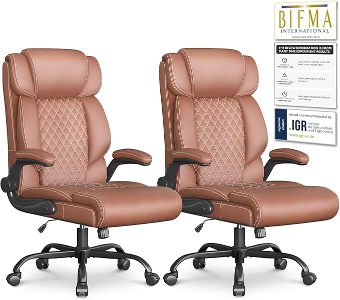 Office Chair-Executive High Back Breathable Big and Tall Office Chair Flip-up Armrests Lumbar Support-Ergonomic Leather Rolling Swivel Chair with Rock Function for Working Studying Gaming,2 Pack