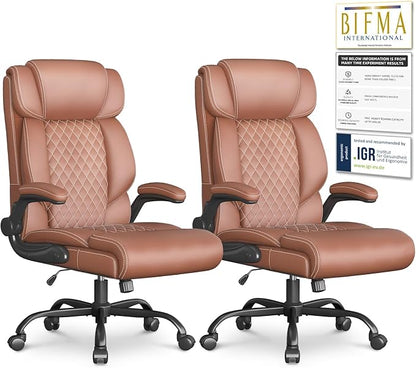 Office Chair-Executive High Back Breathable Big and Tall Office Chair Flip-up Armrests Lumbar Support-Ergonomic Leather Rolling Swivel Chair with Rock Function for Working Studying Gaming,2 Pack