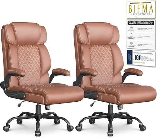 Office Chair-Executive High Back Breathable Big and Tall Office Chair Flip-up Armrests Lumbar Support-Ergonomic Leather Rolling Swivel Chair with Rock Function for Working Studying Gaming,2 Pack