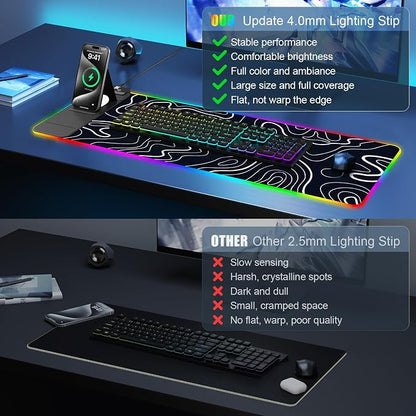 RGB Mouse Pad with Foldable Phone Stand Wireless Charger, 31.5"x11.8" XL Gaming Mousepad Large Desk Mat, Desk Pad with 11 Colors 5 Modes, Waterproof