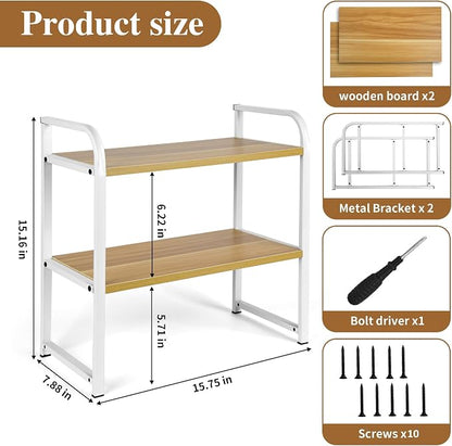 Desktop Shelf Organizer Office Desk Shelf for Top of Desk Wood & Metal Bookshelf Supplies Storage Rack (White&Walnut)