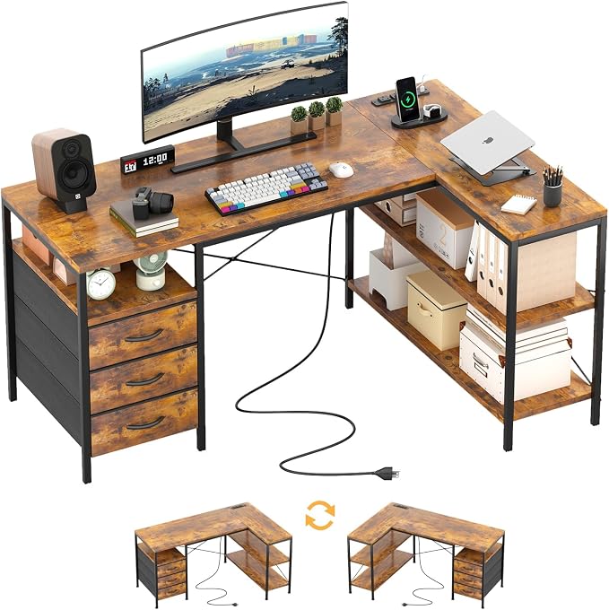 MUTUN L Shaped Computer Desk with 3 Drawers & Power Outlets, 47 Inch Corner Desk with Reversible Storage Shelves, PC Table for Home Office Bedroom (Rustic Brown, 47 Inch)