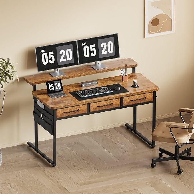 Maihail Computer Desk with Drawers, 47.2X15.8-22.9 Inches Office Computer Desk with Side Pocket & Ergonomic Monitor Stand, Writing Table for Small Spaces, Bedroom, Rustic Brown