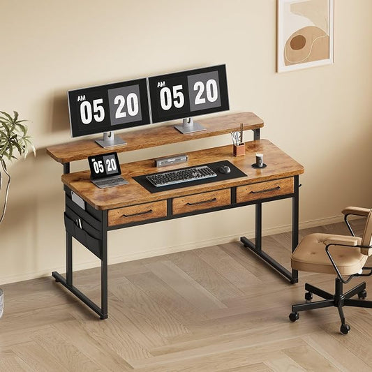 Maihail Computer Desk with Drawers, 47.2X15.8-22.9 Inches Office Computer Desk with Side Pocket & Ergonomic Monitor Stand, Writing Table for Small Spaces, Bedroom, Rustic Brown